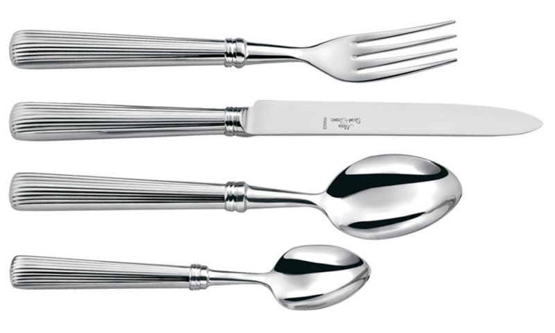 The Alain Saint-Joanis Beatrix Flatware 5 Piece Setting in stainless steel, arranged on a white background, features textured ridged handles and is dishwasher safe. Set includes fork, knife, tablespoon, teaspoon, and salad fork.