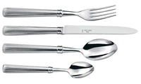 The Alain Saint-Joanis Beatrix Flatware 5 Piece Setting in stainless steel, arranged on a white background, features textured ridged handles and is dishwasher safe. Set includes fork, knife, tablespoon, teaspoon, and salad fork.