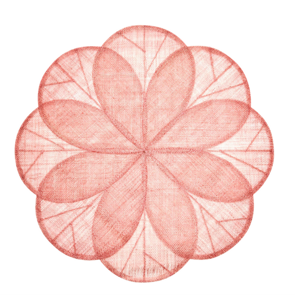 The Deborah Rhodes Sinamay Placemat Set of 4 in Blush Pink features a geometric, flower-inspired design with overlapping red petals textured by fine crosshatch lines, adding artisanal charm to your table setting.