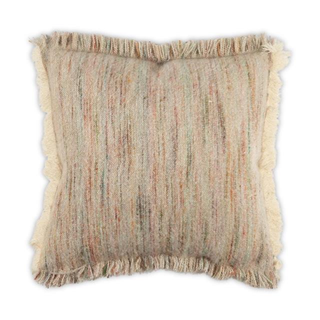 The Moss Studio Nest Frayed Pillow - Petal 22 x 22 is a square decorative pillow crafted with multicolored, striped fabric in muted tones of beige, brown, and subtle accents, and finished with stylish fringed edges.