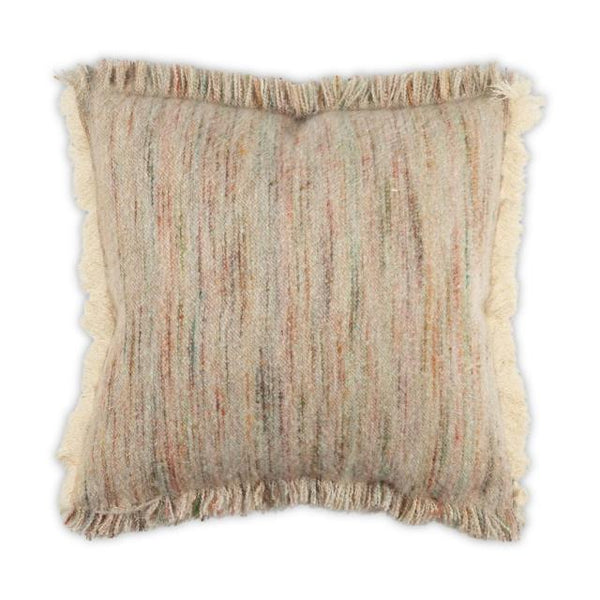 The Moss Studio Nest Frayed Pillow - Petal 22 x 22 is a square decorative pillow crafted with multicolored, striped fabric in muted tones of beige, brown, and subtle accents, and finished with stylish fringed edges.