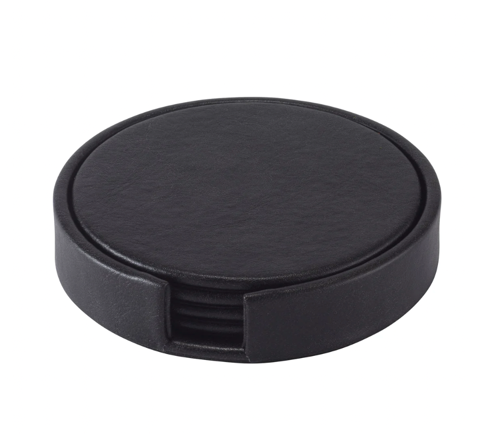 The Bodrum Tanner Coaster Set & Holder features stylish coasters in a matching holder with a front slot, all shown on a white background—ideal for protecting your furniture.