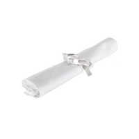 The Tizo Lucite Knot Napkin Ring Set of 4 adds a touch of mid-century modern elegance, echoing Dorothy Thorpe’s style, to a simple white cloth napkin displayed against a plain white background.