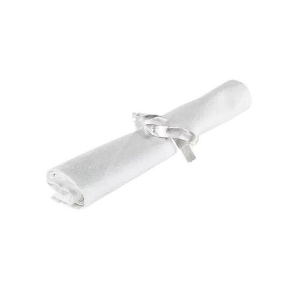 The Tizo Lucite Knot Napkin Ring Set of 4 adds a touch of mid-century modern elegance, echoing Dorothy Thorpe’s style, to a simple white cloth napkin displayed against a plain white background.