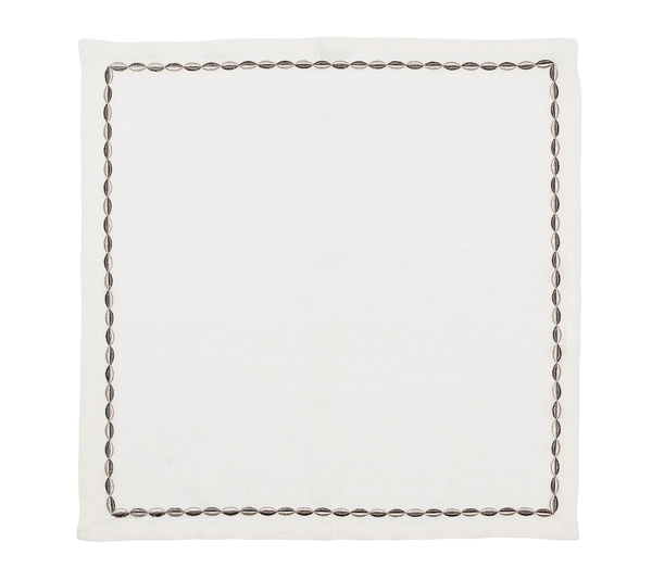 The Kim Seybert Swag Napkin Gunmetal & Silver Set of 4 features an elegant oval border in brown and black, making it a perfect choice for stylish holiday gatherings.