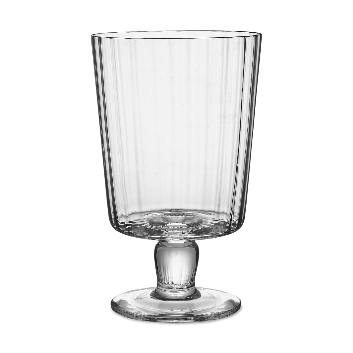 The Lando Pleat Glassware by MATCH features a tall, clear, mouth-blown glass with vertical ridges, a flared rim, and a footed base, inspired by antique Italian designs.
