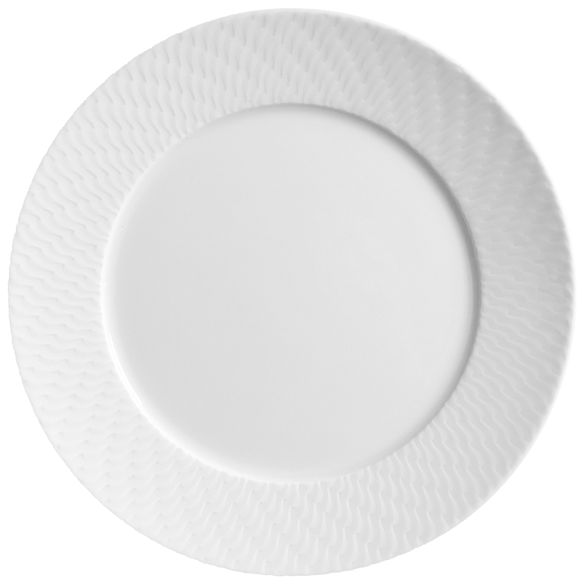 A white ceramic plate with a subtle wavy textured rim, shown from above on a light gray background, highlights the refined design of the Waves Relief N°41 by Meissen—an exquisite example of modern elegant tableware and fine porcelain dinnerware.