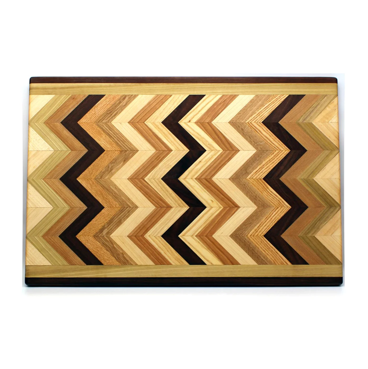 Introducing the Multiwood Herringbone Serving Board from Dickinson Woodworking—a rectangular serving board featuring a striking herringbone pattern crafted from a mix of light, medium, and dark wood tones arranged in an elegant zigzag design.