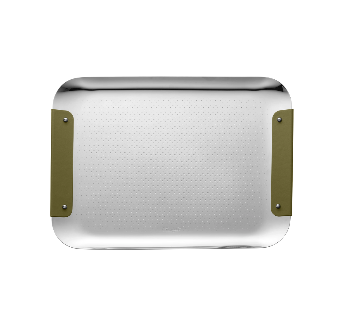 The Christofle Club Rectangle Tray – Stainless Steel Imperial, 13" x 9", features rounded corners and imperial green leather handles on the short sides, displayed on a plain white background.