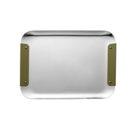 The Christofle Club Rectangle Tray – Stainless Steel Imperial, 13" x 9", features rounded corners and imperial green leather handles on the short sides, displayed on a plain white background.