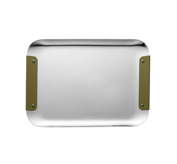 The Christofle Club Rectangle Tray – Stainless Steel Imperial, 13" x 9", features rounded corners and imperial green leather handles on the short sides, displayed on a plain white background.