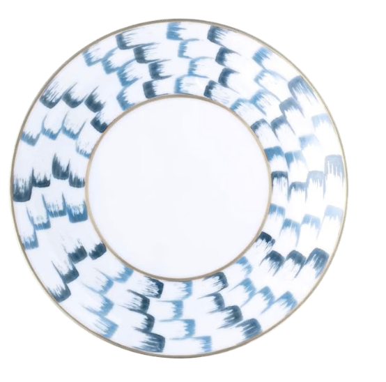 The Marie Daâge Zephyr 1 Platinum Dinnerware by Marie Daâge features a round ceramic plate with a white center, a border adorned with blue and gray brushstroke patterns, and is elegantly outlined with a thin platinum rim.