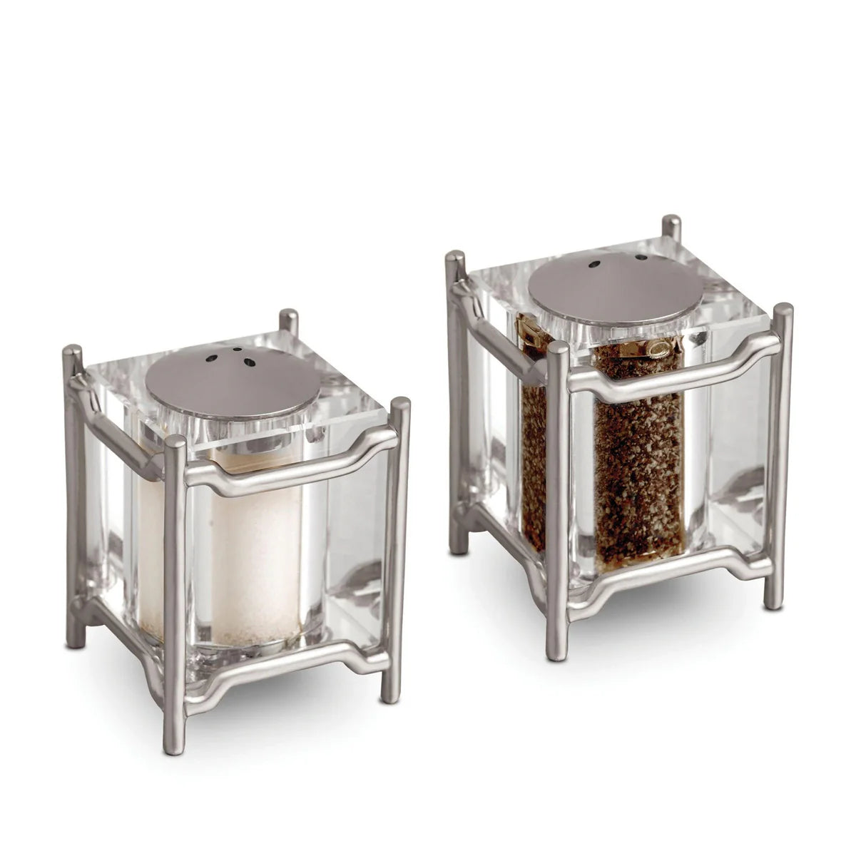 The Han Spice Jewels Set Salt & Pepper by L'Objet features two modern, square salt and pepper shakers with metal frames and tops, presented in a luxury gift box—an elegant addition to any table.