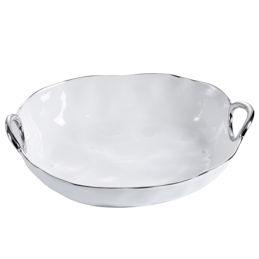 The PAMPA BAY Handle Deep Oval Serving Bowl Silver is a white porcelain dish with silver titanium trim and two side handles, shown empty against a plain white background.