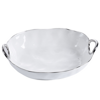 The PAMPA BAY Handle Deep Oval Serving Bowl Silver is a white porcelain dish with silver titanium trim and two side handles, shown empty against a plain white background.