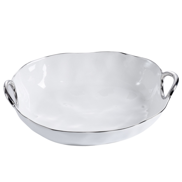 The PAMPA BAY Handle Deep Oval Serving Bowl Silver is a white porcelain dish with silver titanium trim and two side handles, shown empty against a plain white background.