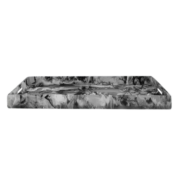 The Swirl Resin Classic Handled Rectangle Tray by Nashi Home is a BPA-free rectangular tray with raised edges, featuring a black, white, and gray marbled pattern. Displayed front view on a white background.