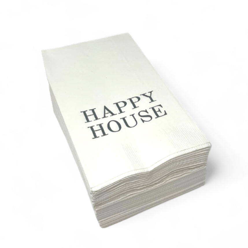 A pack of Print Appeal Guest Hand Towels featuring the words "HAPPY HOUSE" printed in bold black letters on the top white napkin.