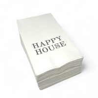 A pack of Print Appeal Guest Hand Towels featuring the words "HAPPY HOUSE" printed in bold black letters on the top white napkin.