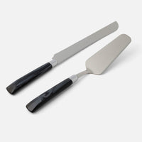 The Colson Cake Serving Set by Blue Pheasant features stainless steel blades and dark, marbled handles.