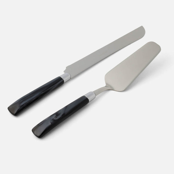 The Colson Cake Serving Set by Blue Pheasant features stainless steel blades and dark, marbled handles.