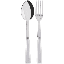 The Sabre Icone Serving Set, featuring a shiny silver spoon and fork with matching square handles, is displayed side by side on a plain white background.