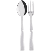 The Sabre Icone Serving Set, featuring a shiny silver spoon and fork with matching square handles, is displayed side by side on a plain white background.
