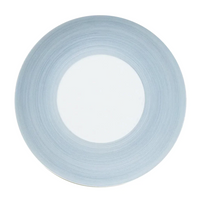 A round plate from JL Coquet's Hemisphere Dinnerware Storm Blue features a wide storm blue textured rim and a smooth white center, shown from above on a white background.