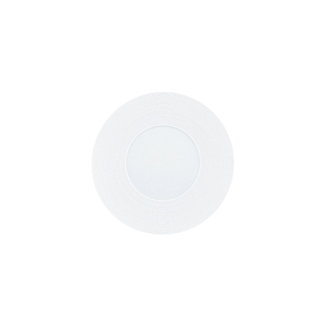 A single round JL Coquet Hemisphere Dinnerware Satin White plate, featuring a subtle textured rim, displayed on a plain white background.