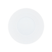 A round ceramic Hemisphere Dinnerware Satin White plate by JL Coquet, featuring a subtle engraved rim, is shown from above on a white background.
