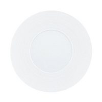 A top-down view of the JL Coquet Hemisphere Dinnerware Satin White plate, featuring a subtle engraved rim pattern, set against a white background.