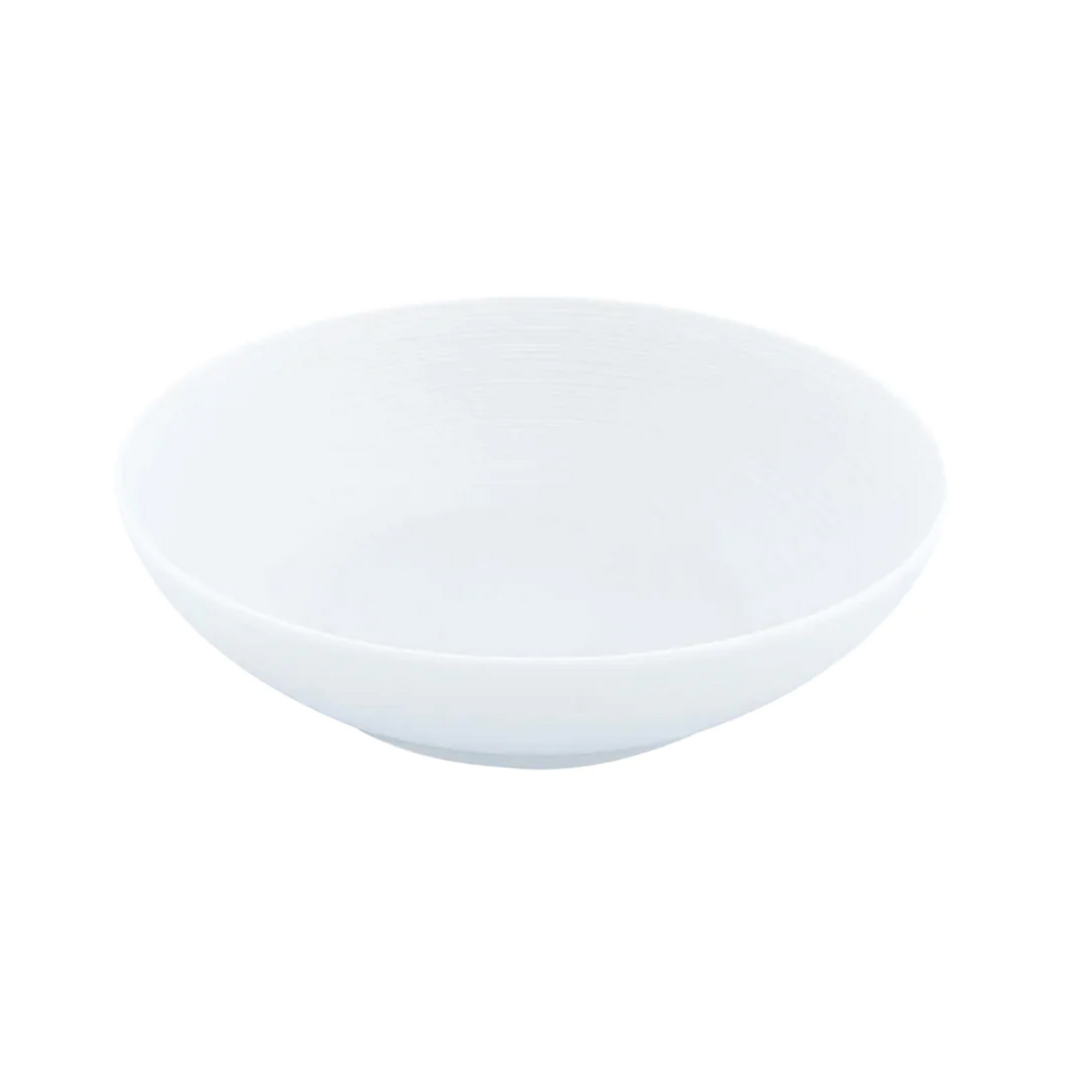 A smooth, round, white ceramic bowl from JL Coquet's Hemisphere Dinnerware Satin White collection, shown on a white background.