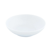 A smooth, round, white ceramic bowl from JL Coquet's Hemisphere Dinnerware Satin White collection, shown on a white background.