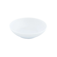 A plain, round, white ceramic bowl from JL Coquet's Hemisphere Dinnerware Satin White collection is shown against a white background.