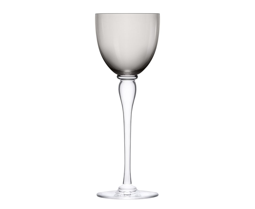 The Amadeus Hock Stemware by Saint-Louis/Hermes is a single mouthblown crystal wine glass with a smoky gray bowl, clear slender stem, and round base, set against a plain white background.