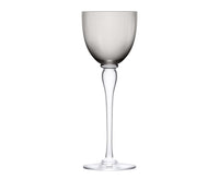 The Amadeus Hock Stemware by Saint-Louis/Hermes is a single mouthblown crystal wine glass with a smoky gray bowl, clear slender stem, and round base, set against a plain white background.