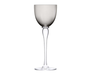 The Amadeus Hock Stemware by Saint-Louis/Hermes is a single mouthblown crystal wine glass with a smoky gray bowl, clear slender stem, and round base, set against a plain white background.