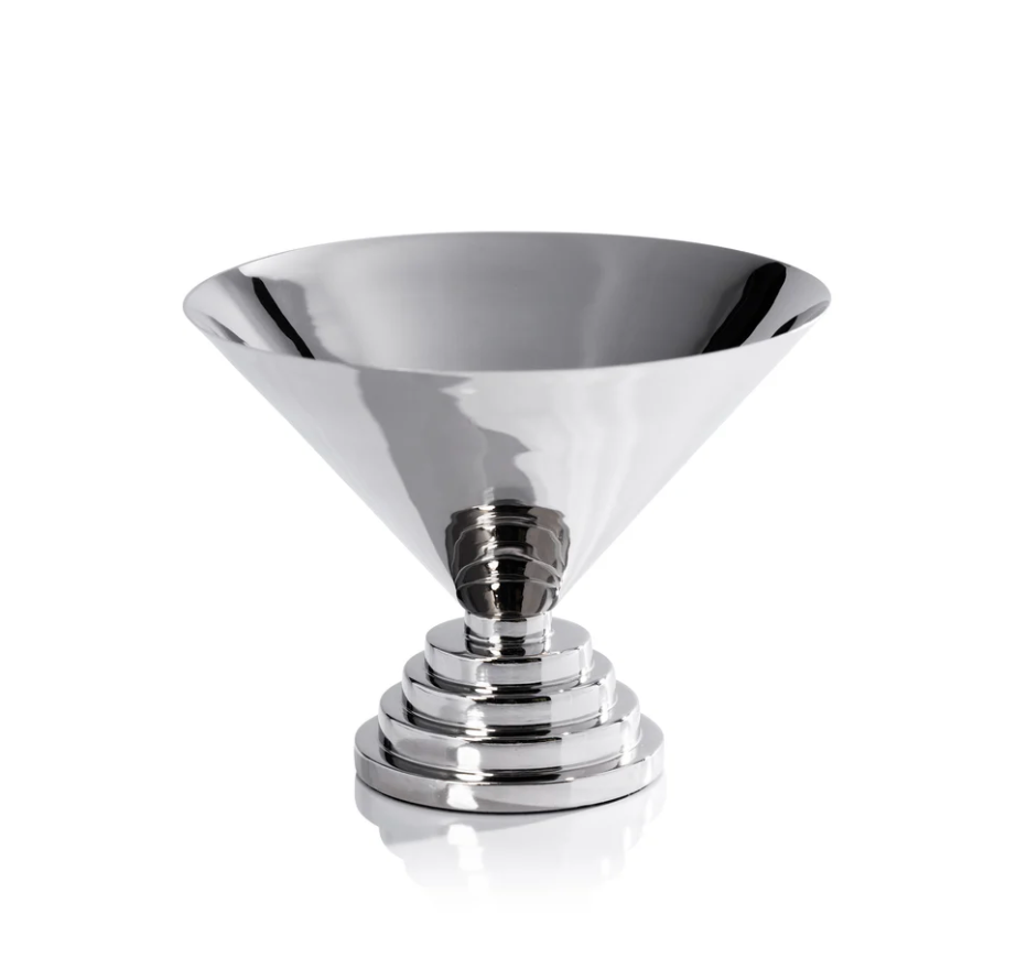 The Malcolm Condiment Bowl by Zodax features a shiny, silver, cone-shaped metal design with a wide rim and stepped, circular base that evokes Art Deco elegance; its polished nickel surface is beautifully photographed against a white background.