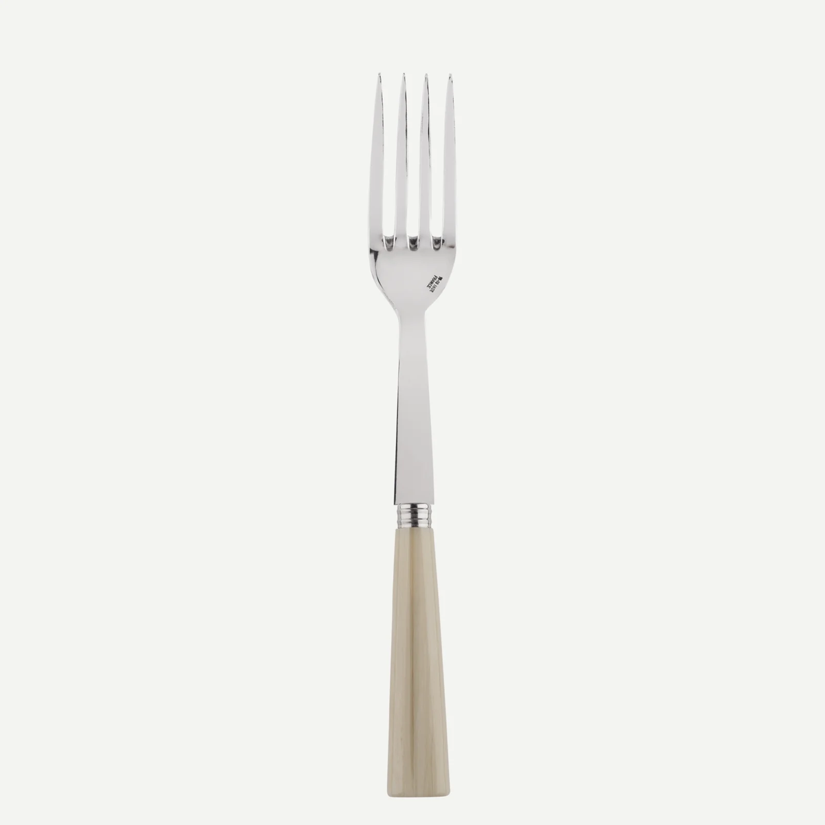 The Sabre Nature Serving Fork features four metal tines and a light chocolate-colored wood handle with a subtle horn effect, shown upright against a plain white background.