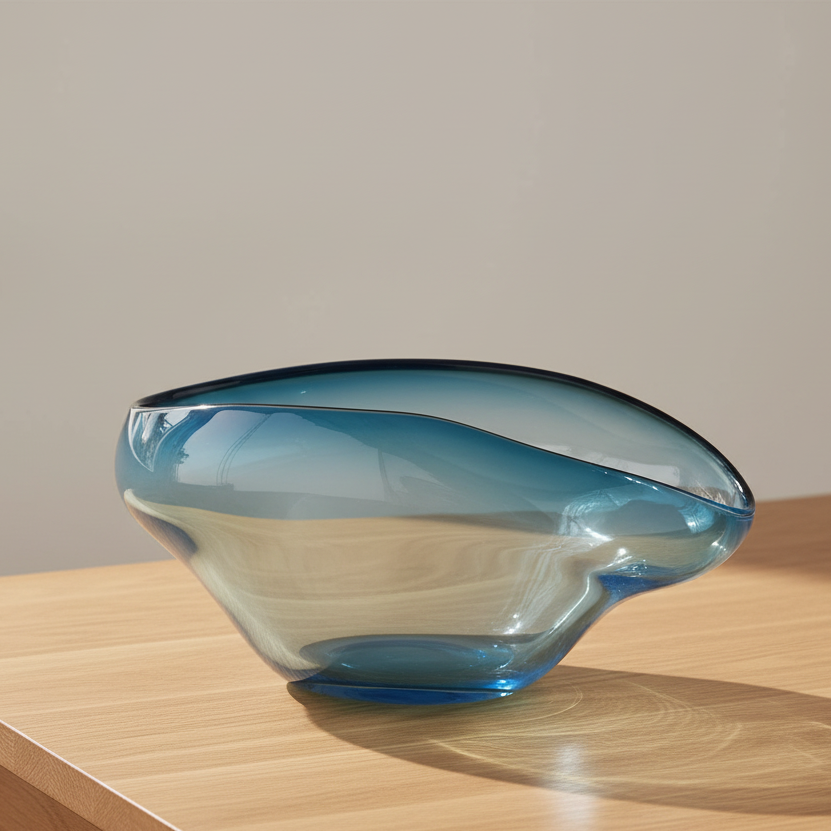 A modern, asymmetrical Harmony Bowl Dark Blue from Global Views / Surya with an ombré design rests on a light wooden surface, casting a gentle shadow in natural daylight. This distinctive serving piece brings sophistication to any setting.