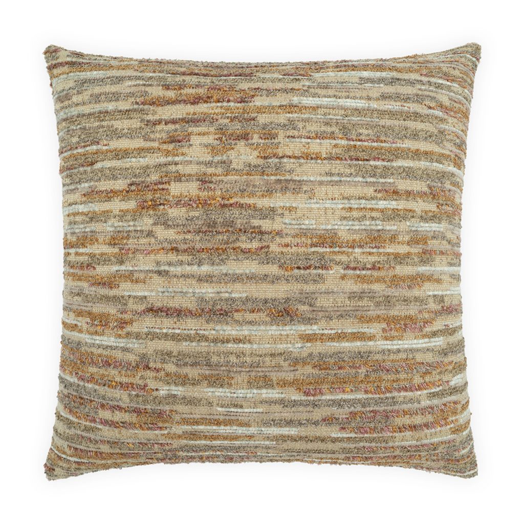 Bluffstone Pillow Nutmeg by D.V. KAP / Canaan Company: 22x22″ square pillow with woven texture, striped brown, beige, and cream design, subtle orange/red accents, and plush down fill. Shown on a white background.