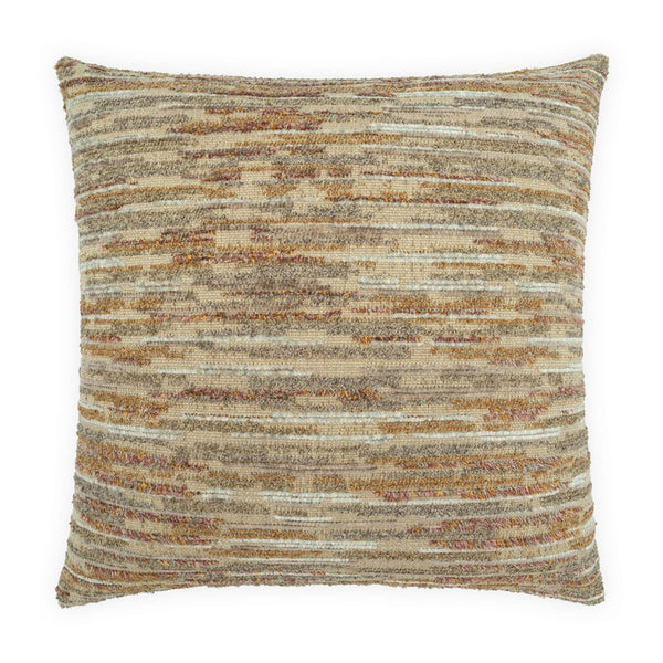 Bluffstone Pillow Nutmeg by D.V. KAP / Canaan Company: 22x22″ square pillow with woven texture, striped brown, beige, and cream design, subtle orange/red accents, and plush down fill. Shown on a white background.
