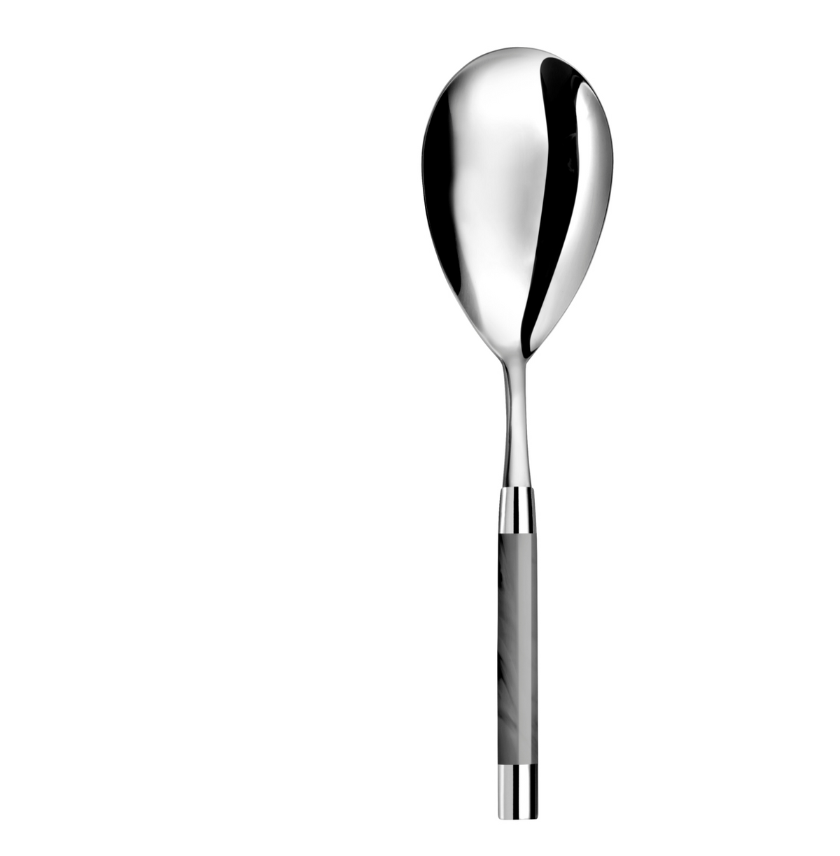 The Capdeco Conty Large Serving Spoon Grey features a shiny stainless steel, oval-shaped bowl and a marble-accented handle, shown isolated on a white background.