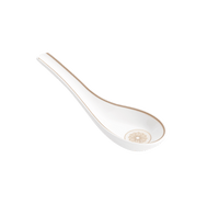 The Christofle Malmaison Imperiale Porcelain Dinnerware Platinum soup spoon features a platinum floral pattern in the bowl and a matching platinum line along the rim and handle, set against a pure white background.