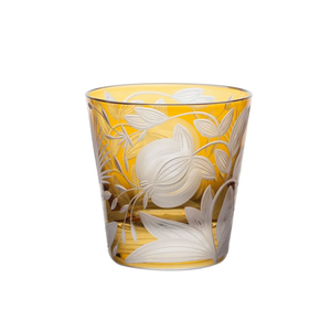 Amber-colored Artel Verdure Vodka / Liqueur -Bright Colors - crystal tumbler featuring etched floral and pomegranate designs.