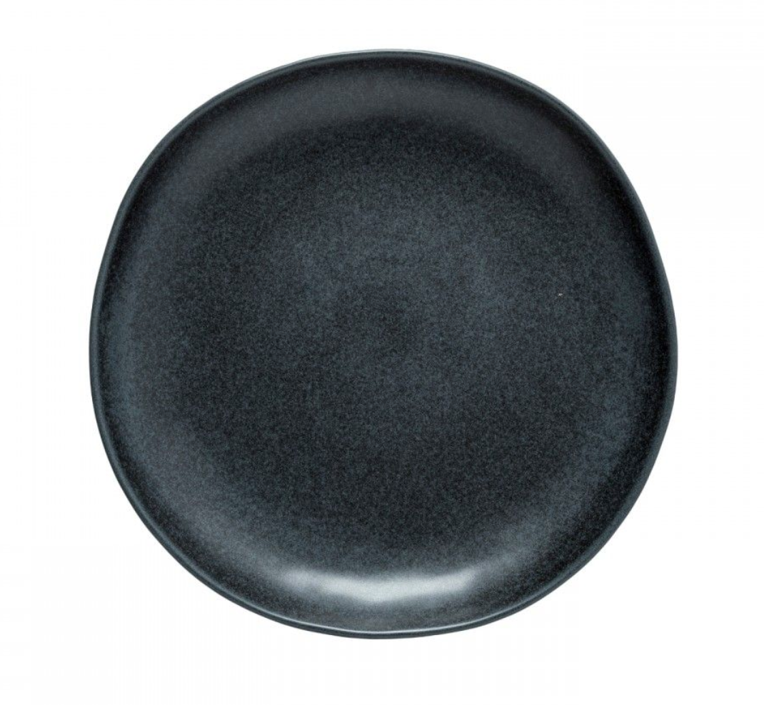 The Livia Dinnerware Matte Black plate by Casafina/Costa Nova is a round, matte-finished ceramic piece with an organic shape, shown from above on a white background.