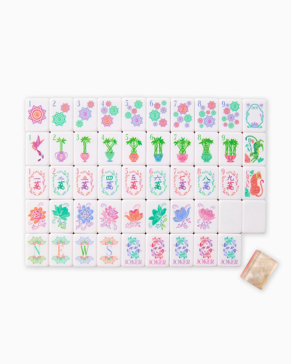 Experience game nights in style with the Oh My Mahjong Mahjong Tiles Set – Pearlescent. This vibrant set features colorful, pearlescent tiles showcased in neat rows, each displaying intricate patterns of flowers, birds, and dragons. Complete with four JOKER tiles and a handy small bag for storage, this stunning mother-of-pearl set brings an elegant touch to every gathering.