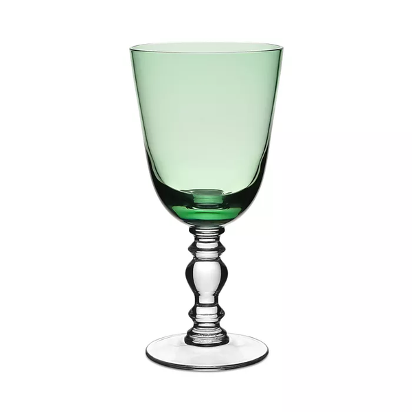 The William Yeoward Fanny Colored Country Goblet 13 oz. is a green wine glass with a transparent, ornate stem and base—adding elegance and a classic touch to any table setting. Perfect for those who appreciate colored goblets.