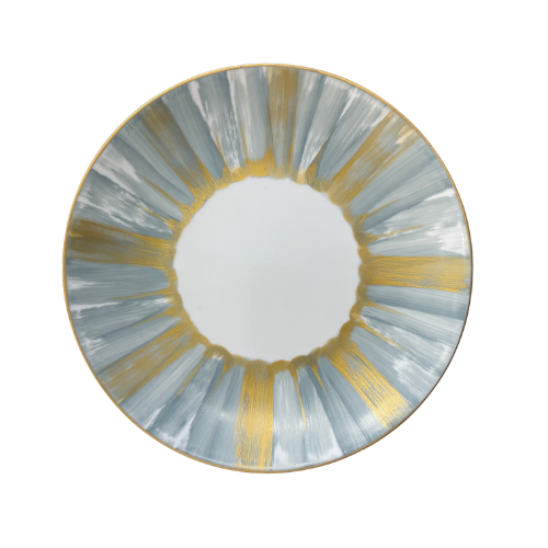 The Marie Daage Panache by Marie Daâge is a round hand-painted porcelain plate featuring a white center, alternating gold and light blue brushstroke patterns, and a gold rim—adding a touch of luxury to any table setting.