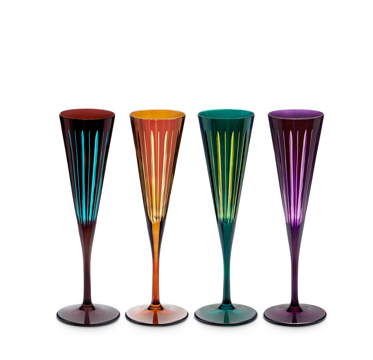 The Prism Champagne Flute Set of 4 - Assorted by L’Objet features four tall, fluted glasses in bold red, orange, green, and purple hues. Each glass is adorned with vertical reflective lines, standing side by side on a white background. This striking set is perfect for adding a burst of color and style to any celebration.